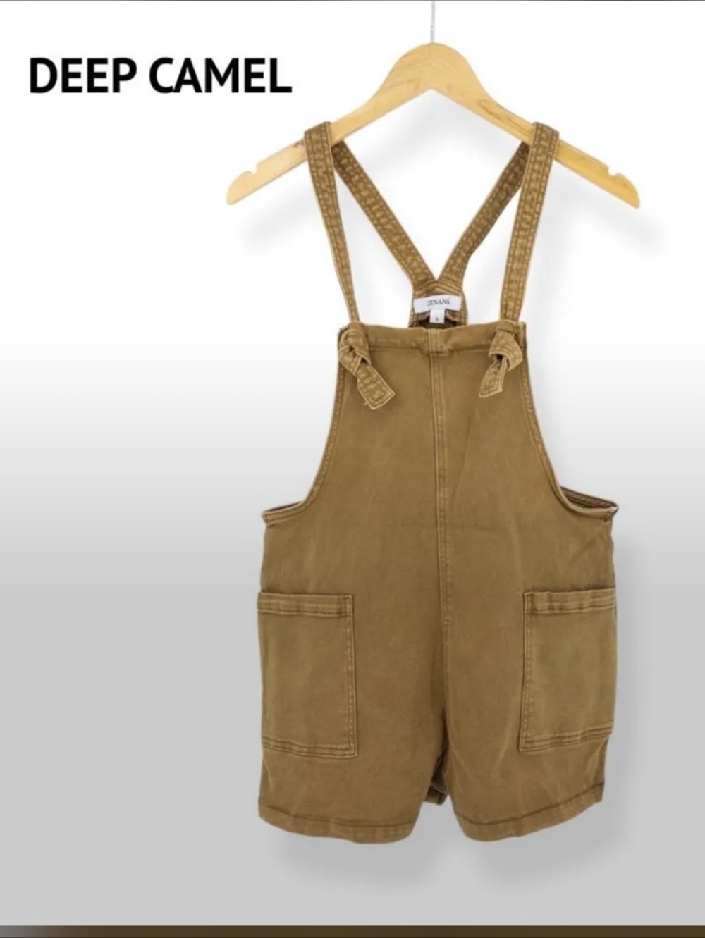 Zenana Outfitters Dark Camel Denim Short Overalls w/Knotted Straps Sz S,M,L New